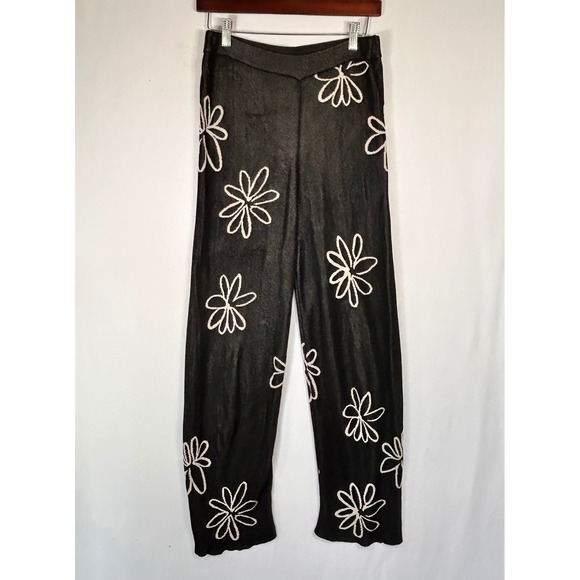 Paloma Wool Pants - Paloma Wool Black Floral Knit Pants High Rise Straight Leg Daisy Trousers L